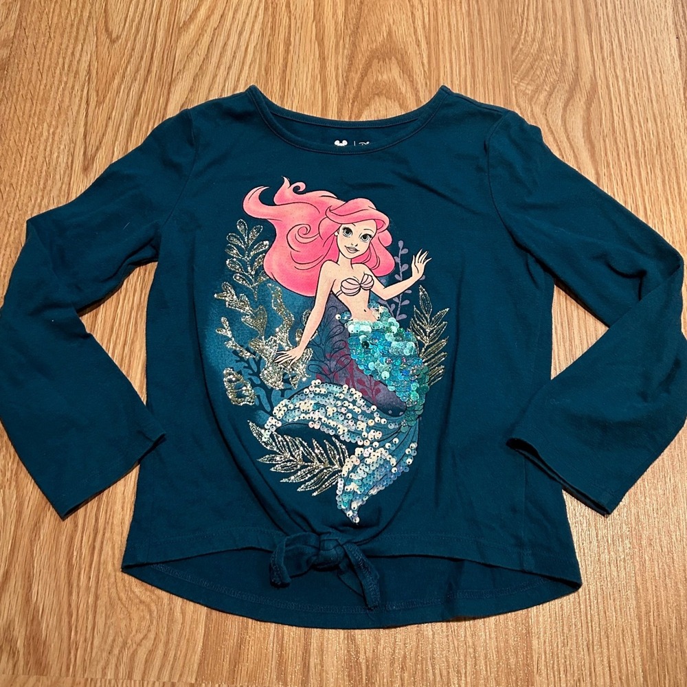Disney Jumping Beans Ariel Sequin Long Sleeve Tie Front Top Teal Girls 5